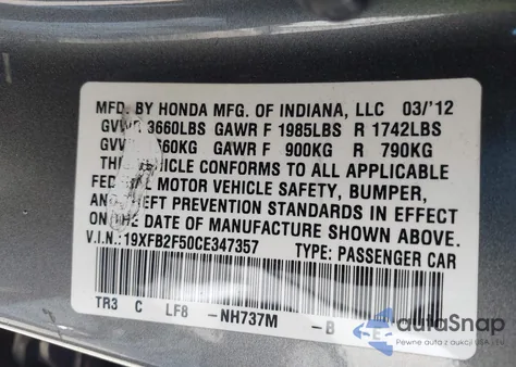 2012 Honda Civic Lx из США, поврежденный, VIN 19XFB2F50CE347357